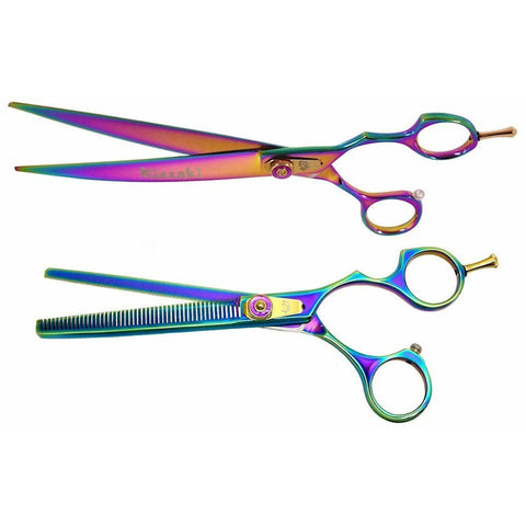 Yakizume & Nagasa Rainbow Titanium Dog Grooming and Thinning Shears Set, Left-Handed